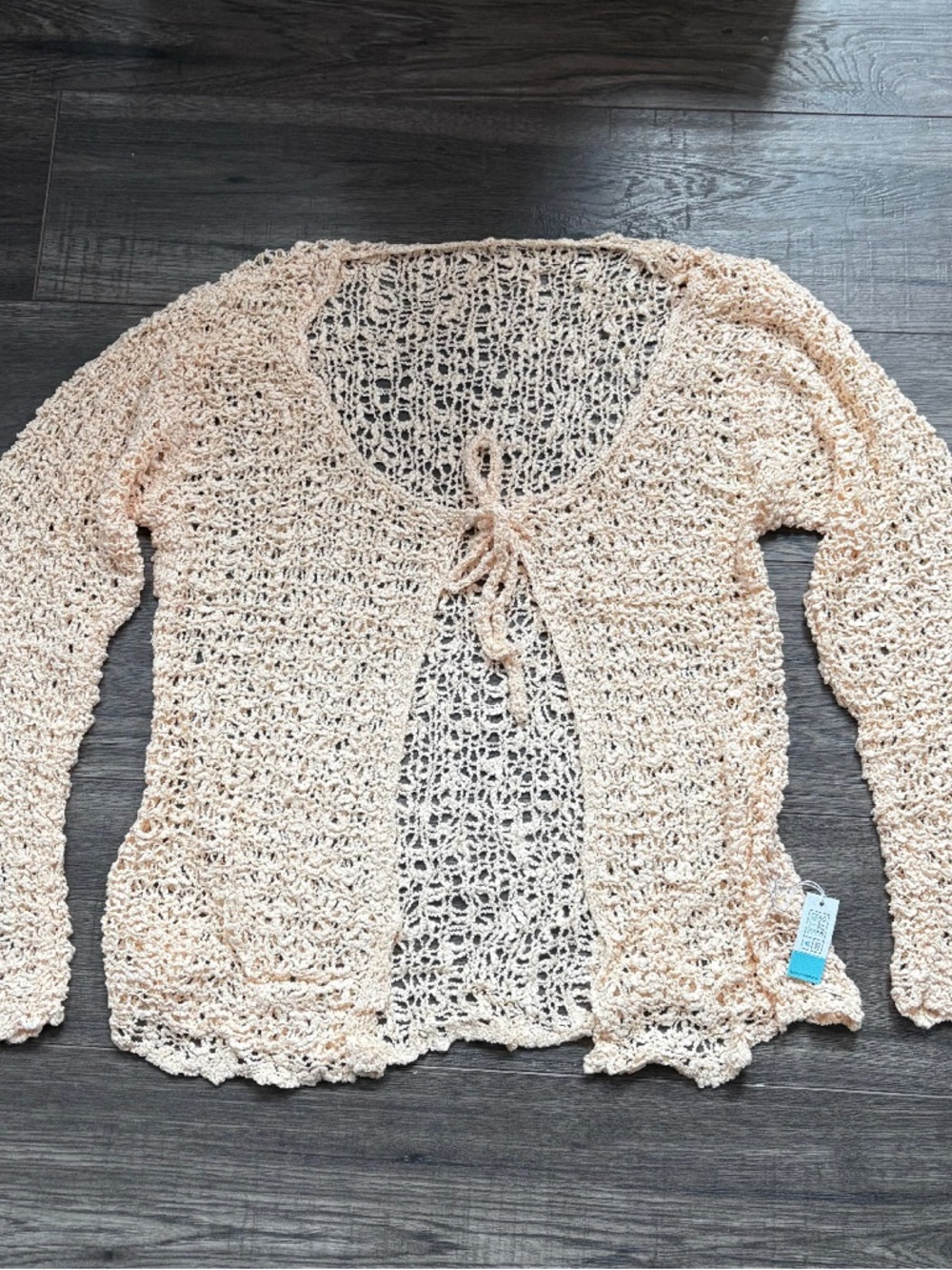 Light Beige Open-Knit Tie-Front Women's Sweater Cardigan